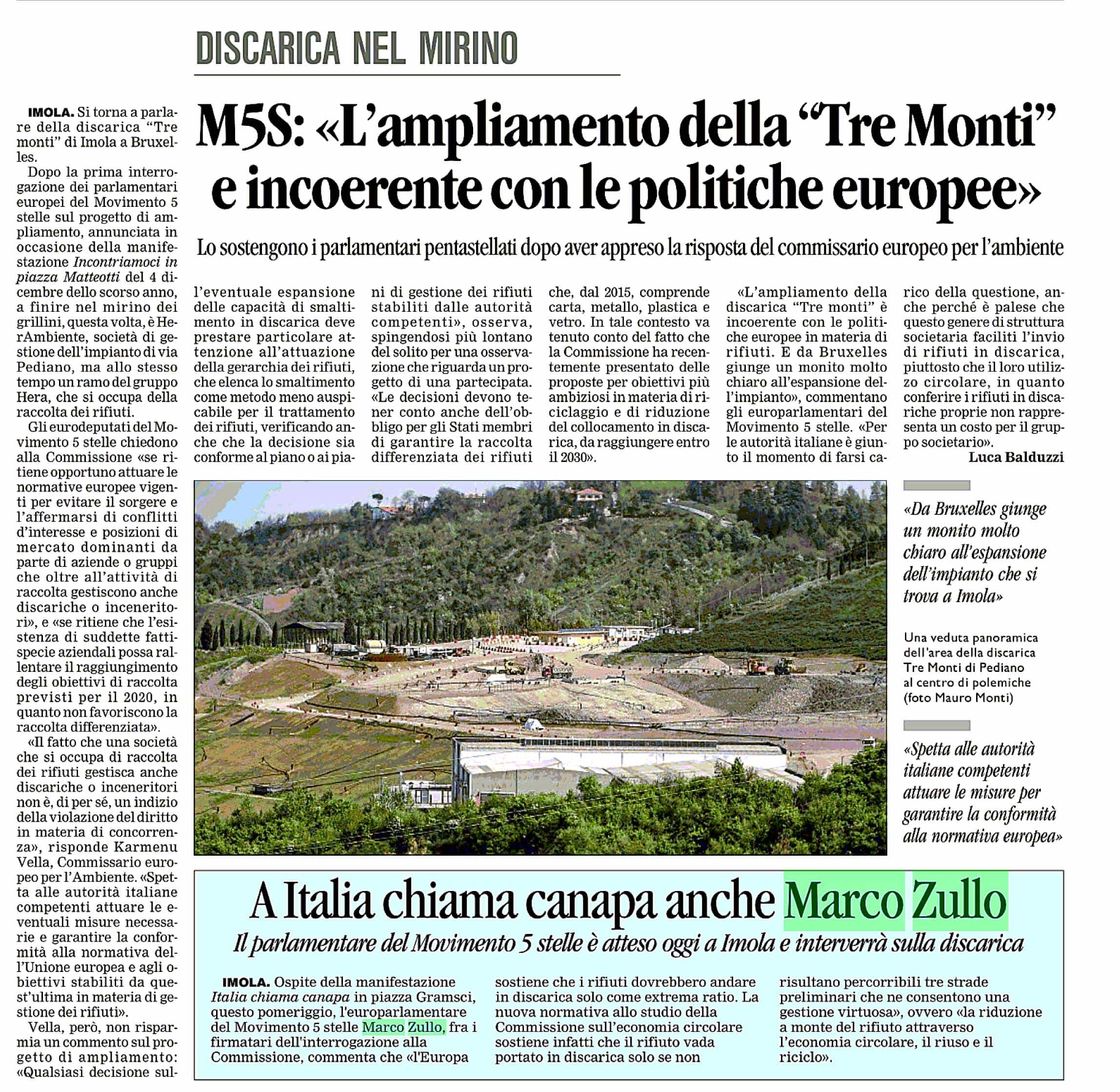 Marco Zullo M5S Europa discarica tre monti imola commissione ue europa corriere romagna