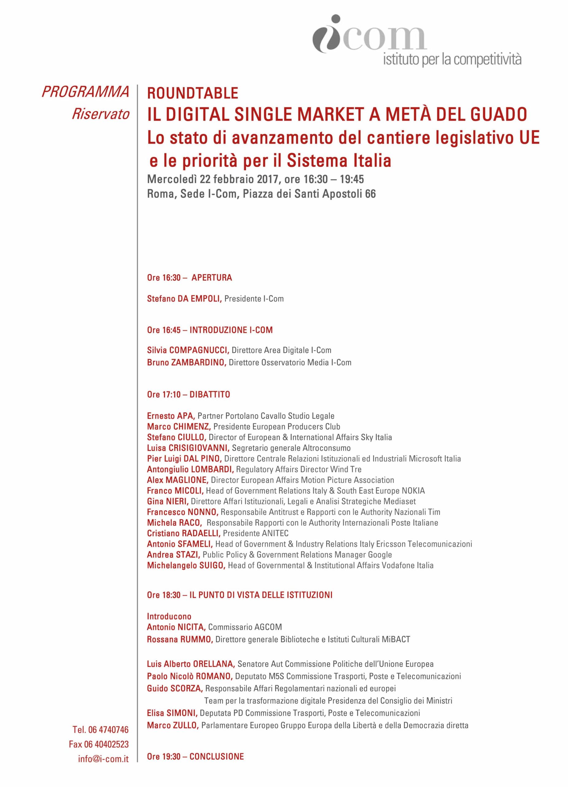 Il digital single market a metà del guado @ Sede I-Com, Piazza dei Santi Apostoli 66 | Roma | Lazio | Italia